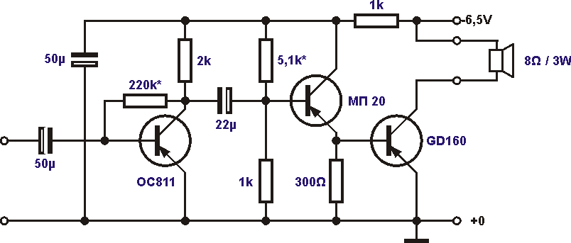Schaltbild NF-Verstärker mit Ge-Transistoren